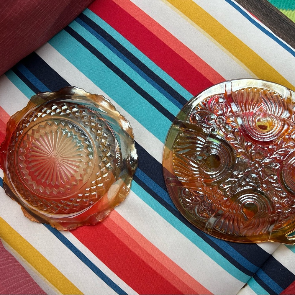 👁️ Glass Vintage Carnival Glass lot 2 pc/ Candy bowl &Split Relish tray